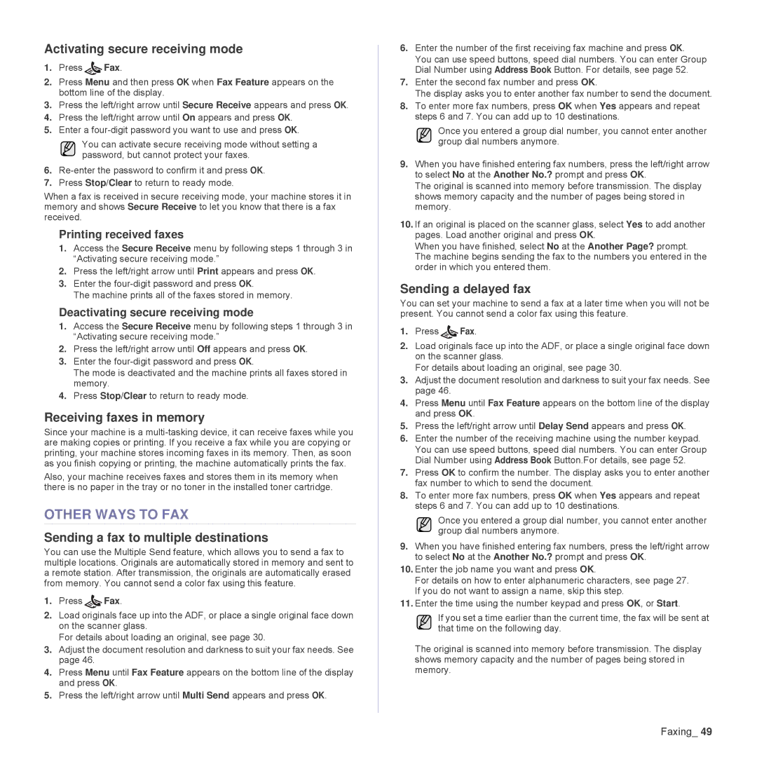 Samsung SCX4826FN Other Ways to FAX, Activating secure receiving mode, Receiving faxes in memory, Sending a delayed fax 