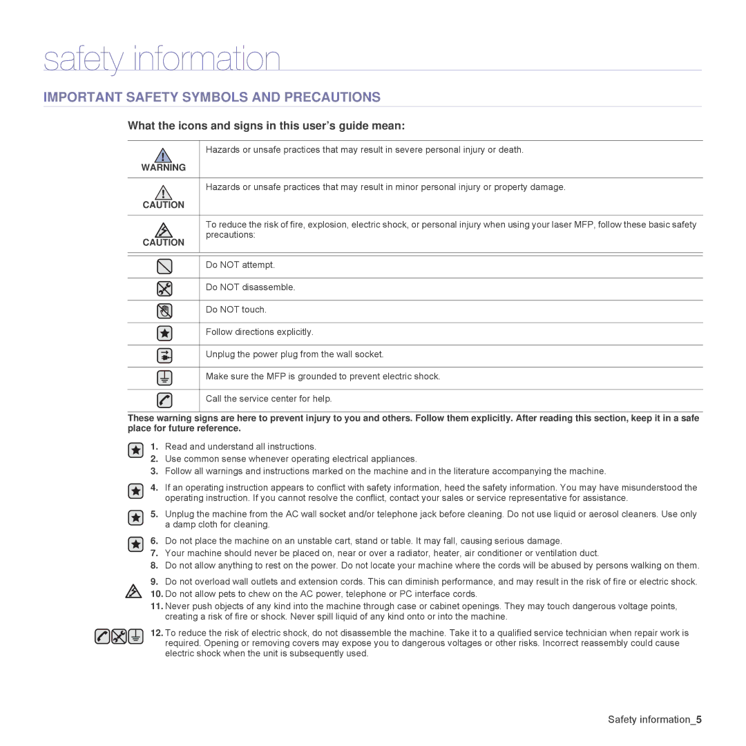 Samsung SCX4826FN, SCX-4x26 manual Safety information, Important Safety Symbols and Precautions 