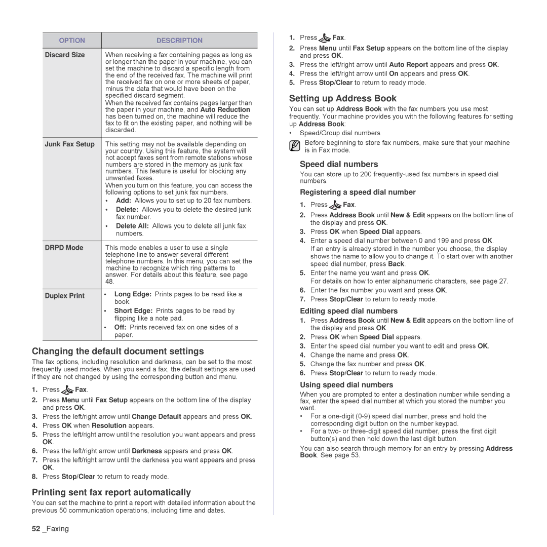 Samsung SCX-4x26 Changing the default document settings, Printing sent fax report automatically, Setting up Address Book 