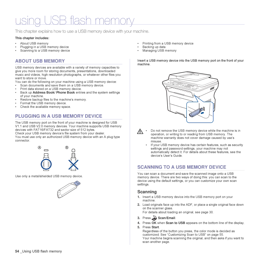 Samsung SCX-4x26, SCX4826FN manual Using USB flash memory, About USB Memory, Plugging in a USB Memory Device, Scanning 