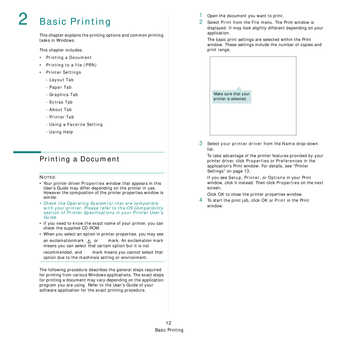 Samsung SCX-4x26 manual Printing a Document, Means you can select that certain option but it is not, Recommended 