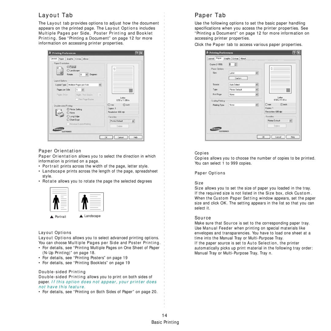 Samsung SCX-4x26 manual Layout Tab, Paper Tab, Paper Orientation, Source 