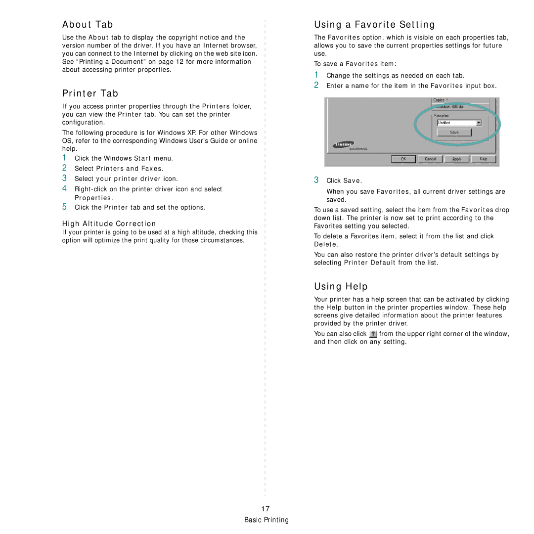 Samsung SCX-4x26 manual About Tab, Printer Tab, Using a Favorite Setting, Using Help, High Altitude Correction 