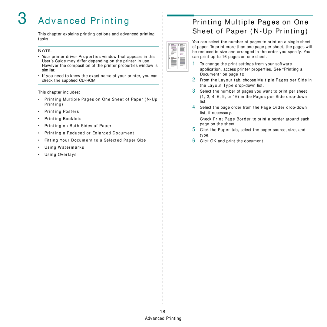 Samsung SCX-4x26 manual Advanced Printing, Printing Multiple Pages on One Sheet of Paper N-Up Printing 