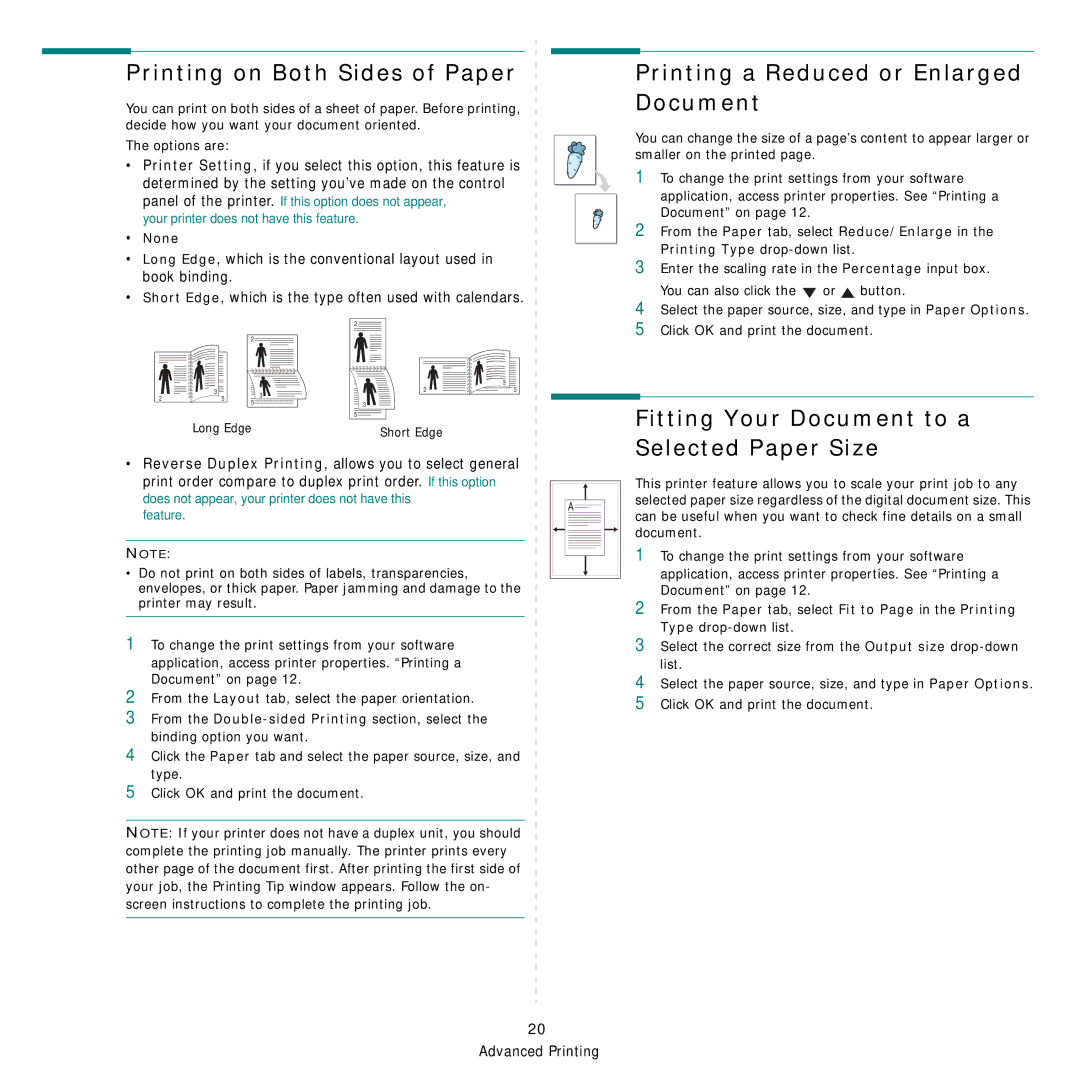 Samsung SCX-4x26 manual Printing on Both Sides of Paper, Printing a Reduced or Enlarged Document, None 