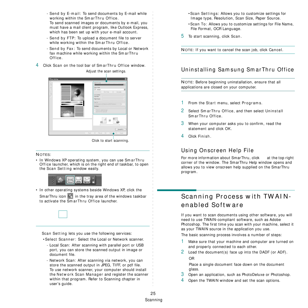 Samsung SCX-4x26 manual Scanning Process with TWAIN- enabled Software, Uninstalling Samsung SmarThru Office 