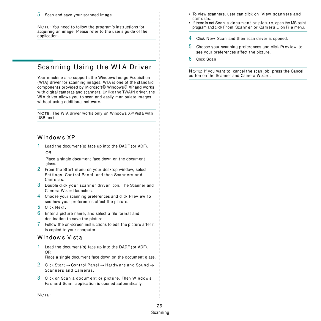 Samsung SCX-4x26 manual Scanning Using the WIA Driver, Windows XP, Windows Vista, Scan and save your scanned image 