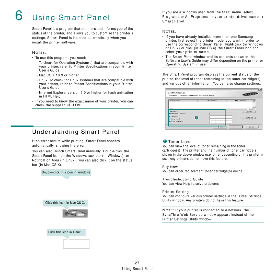 Samsung SCX-4x26 manual Understanding Smart Panel, Toner Level, Buy Now, Troubleshooting Guide, Printer Setting 