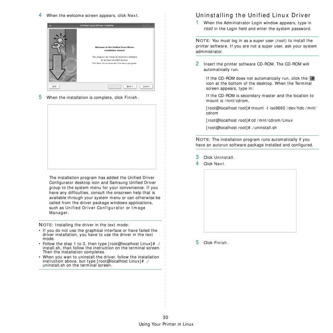 Samsung SCX-4x26 manual Uninstalling the Unified Linux Driver, Click Uninstall, Click Next Click Finish 