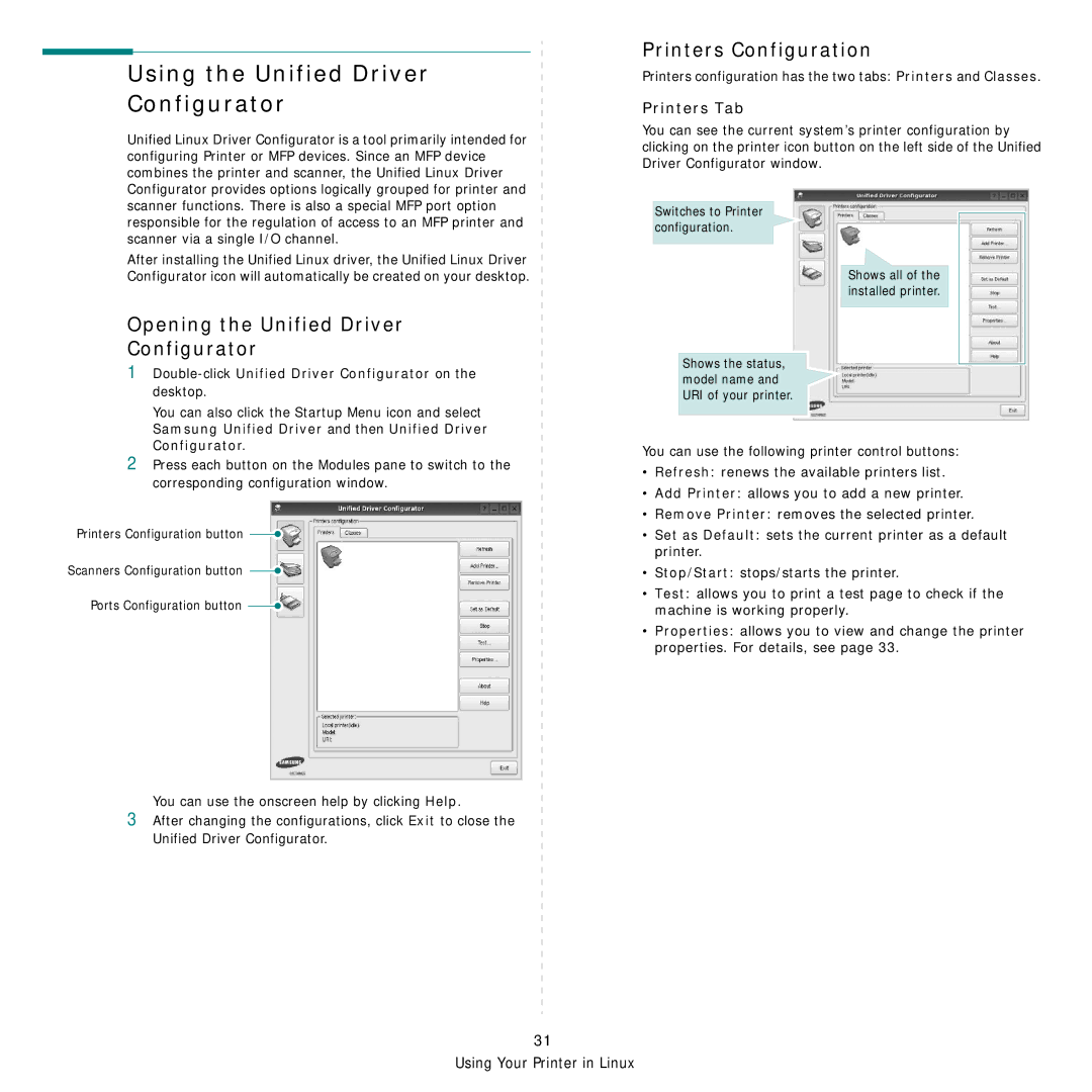 Samsung SCX-4x26 Using the Unified Driver Configurator, Printers Configuration, Opening the Unified Driver Configurator 