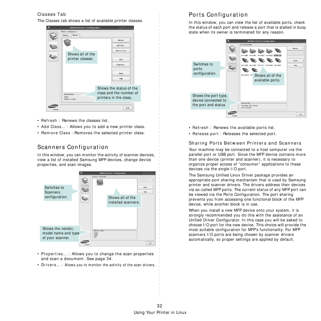 Samsung SCX-4x26 Scanners Configuration, Ports Configuration, Classes Tab, Sharing Ports Between Printers and Scanners 