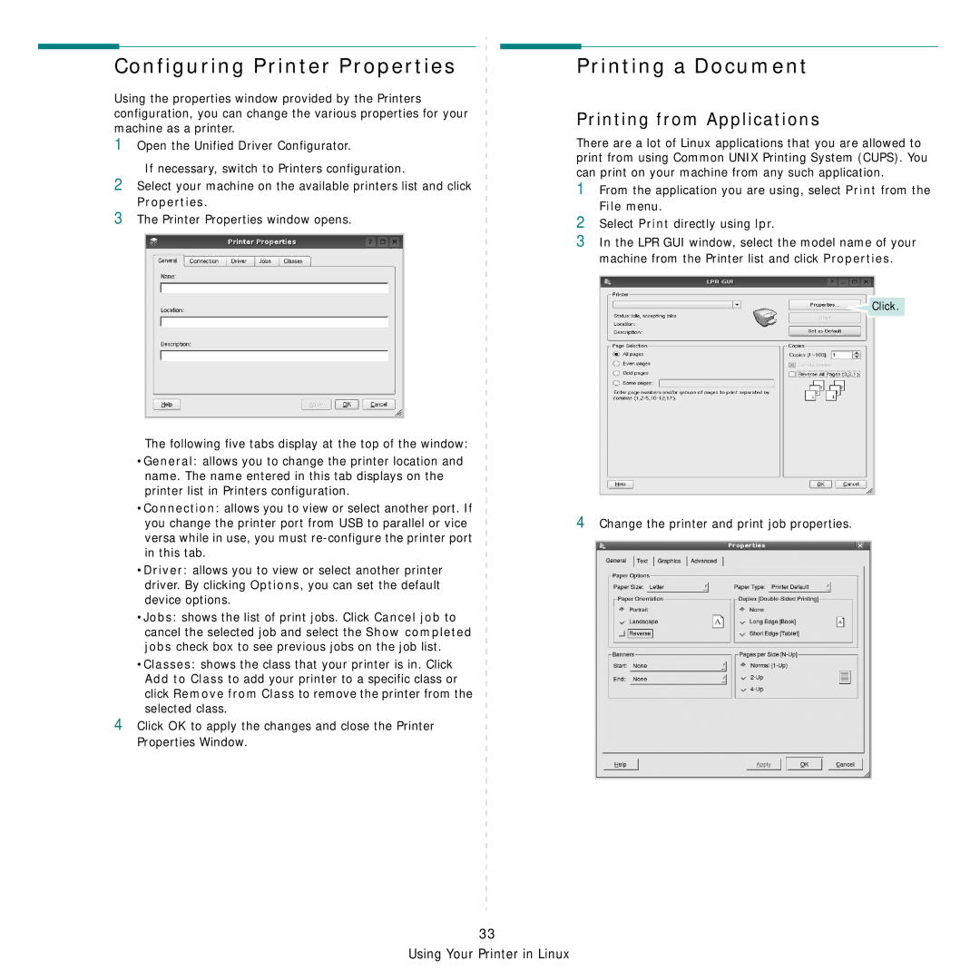 Samsung SCX-4x26 Configuring Printer Properties, Printing from Applications, Change the printer and print job properties 