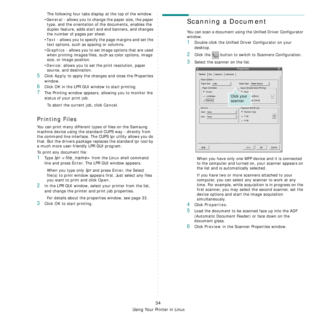 Samsung SCX-4x26 manual Scanning a Document, Printing Files, Following four tabs display at the top of the window 