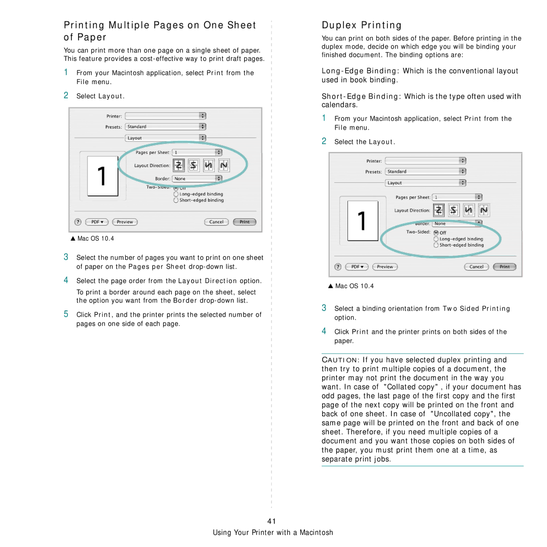 Samsung SCX-4x26 manual Printing Multiple Pages on One Sheet of Paper, Duplex Printing 