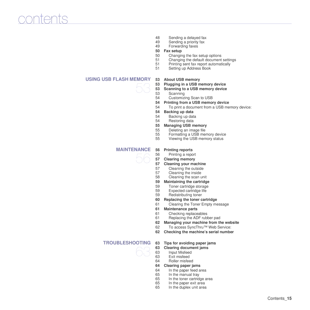 Samsung SCX-4x26 Fax setup, Printing from a USB memory device, Backing up data, Managing USB memory, Printing reports 