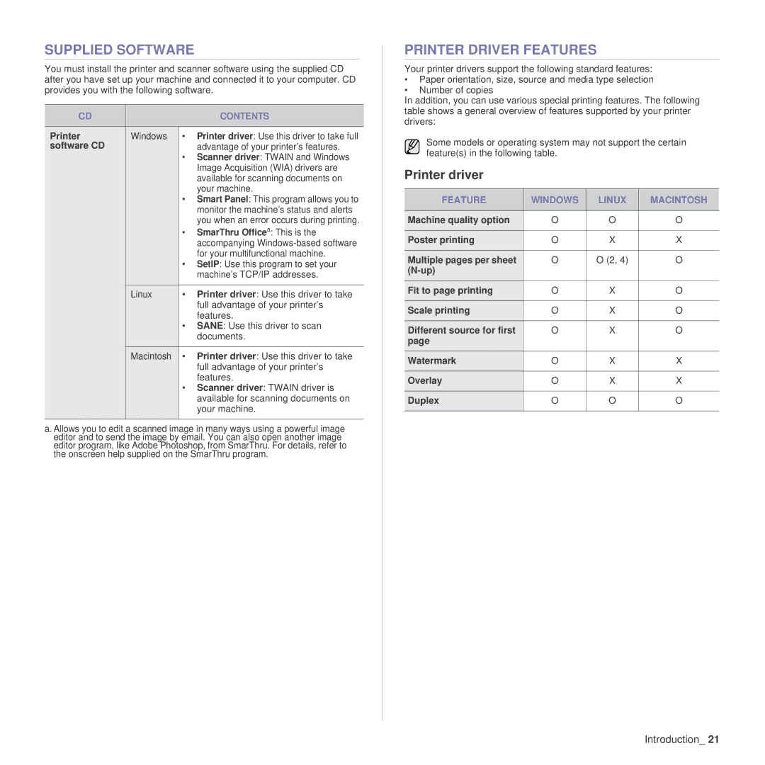 Samsung SCX-4x26 Supplied Software, Printer Driver Features, Printer driver, Contents, Feature Windows Linux Macintosh 