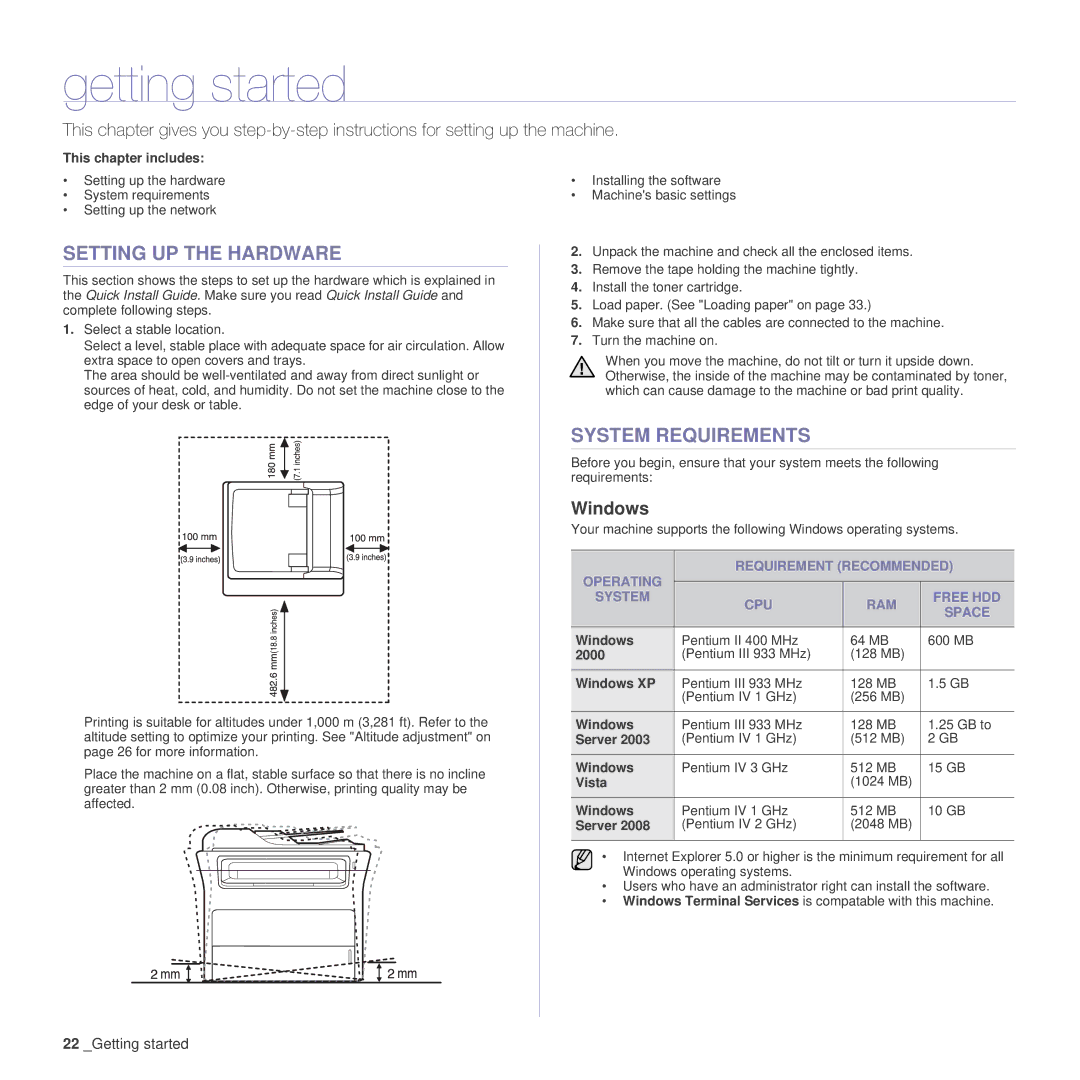 Samsung SCX-4x26 manual Getting started, Setting UP the Hardware, System Requirements, Windows 