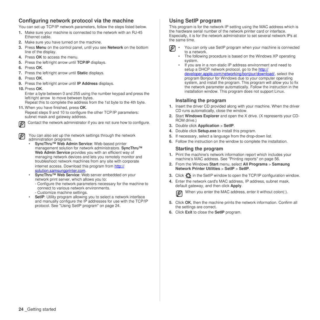 Samsung SCX-4x26 manual Configuring network protocol via the machine, Using SetIP program, Installing the program 