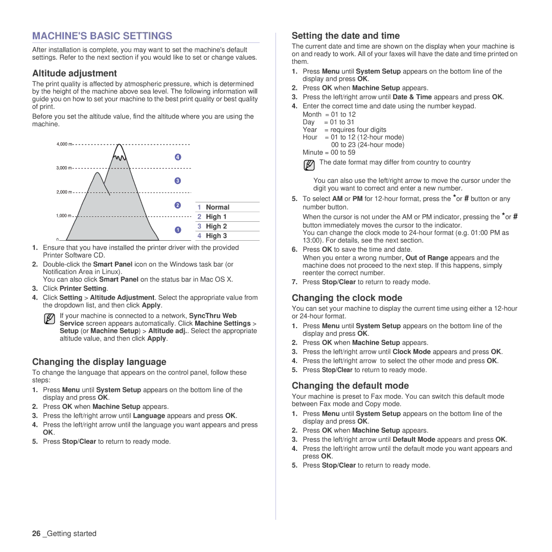 Samsung SCX-4x26 manual Machines Basic Settings 