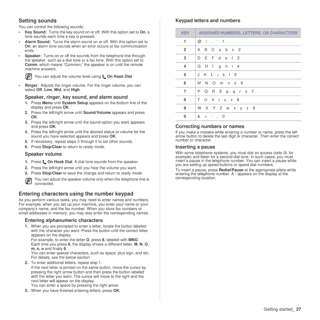 Samsung SCX-4x26 manual Setting sounds, Entering characters using the number keypad 