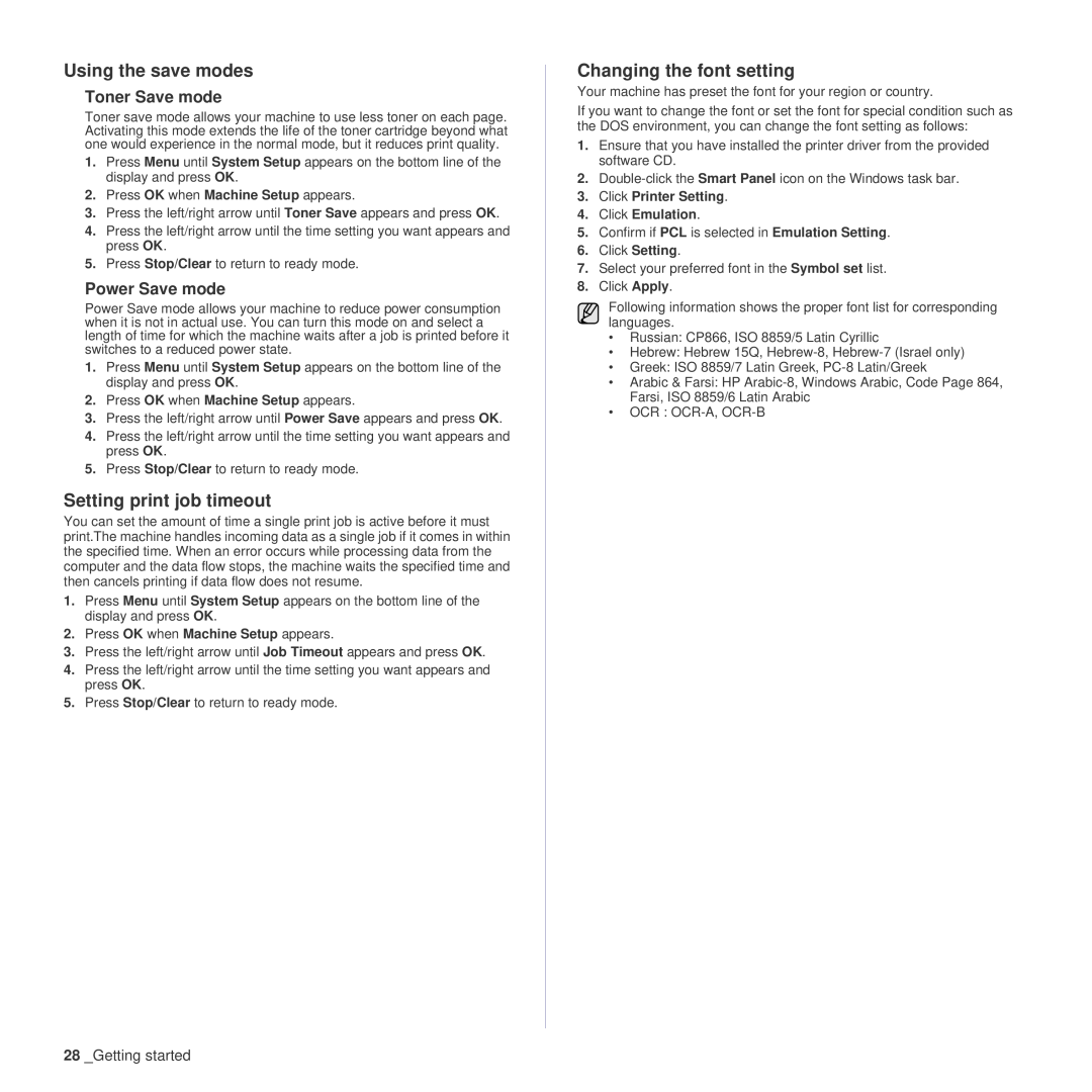 Samsung SCX-4x26 manual Using the save modes, Setting print job timeout, Changing the font setting, Toner Save mode 