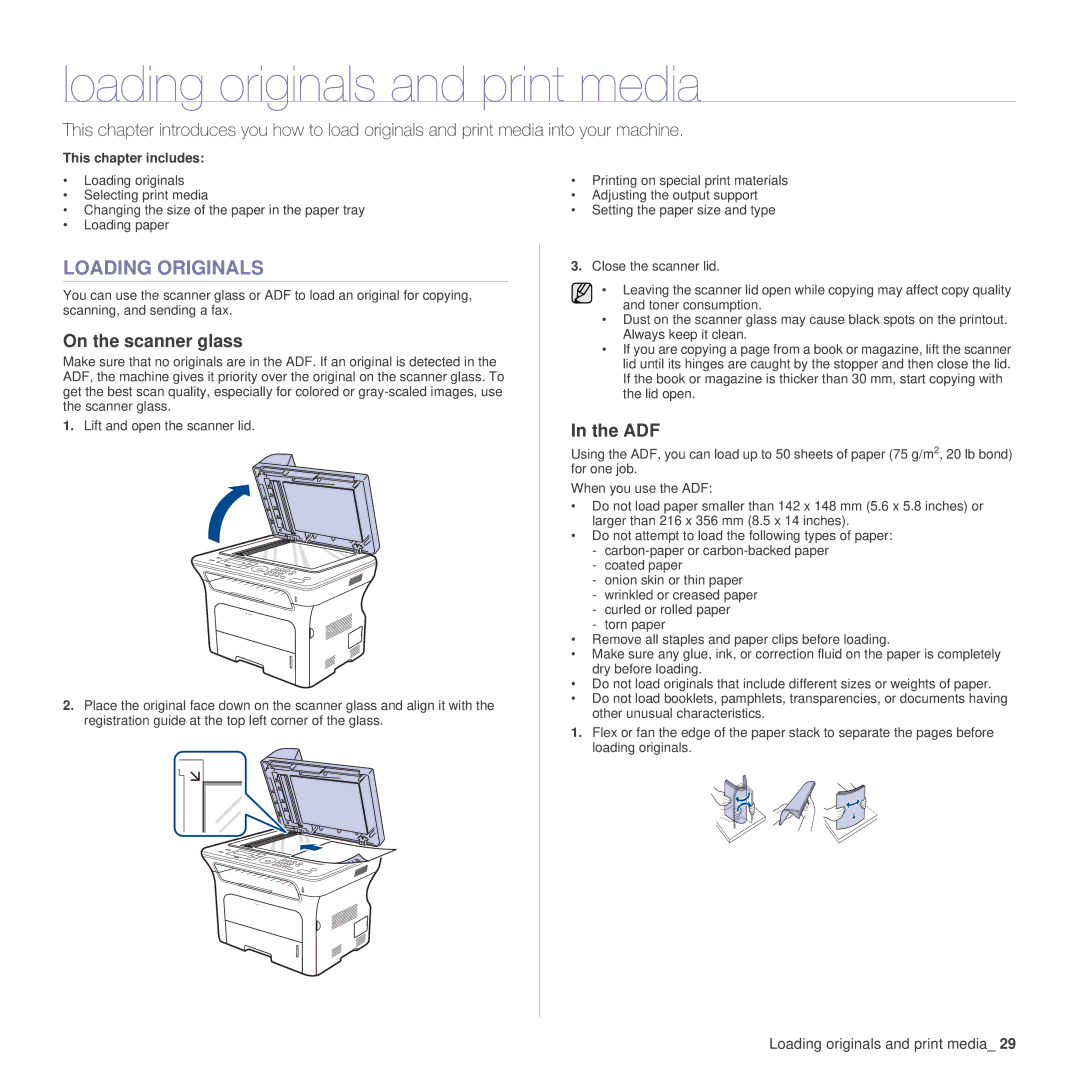 Samsung SCX-4x26 manual Loading originals and print media, Loading Originals, On the scanner glass, Adf 