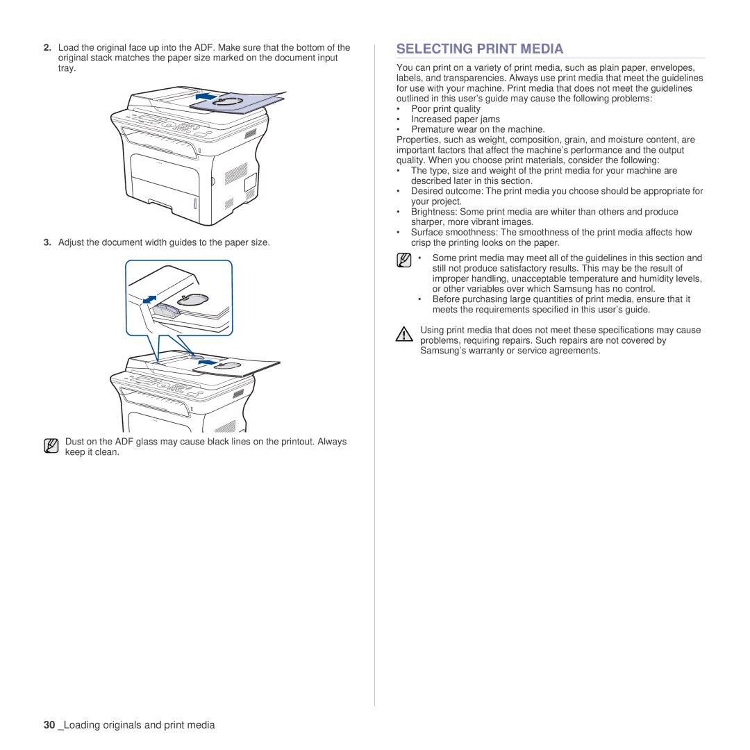 Samsung SCX-4x26 manual Selecting Print Media 