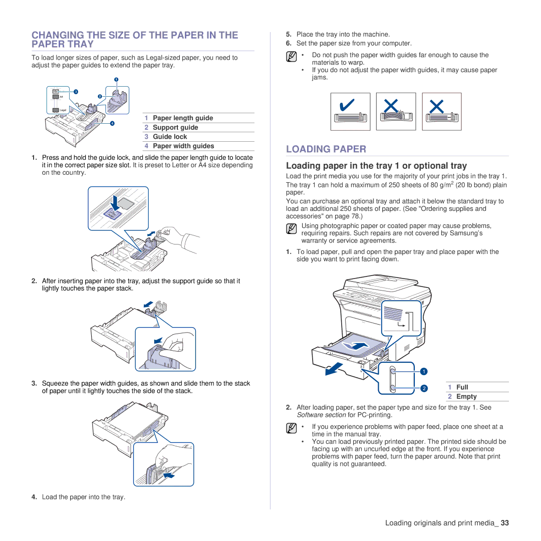 Samsung SCX-4x26 manual Changing the Size of the Paper in the Paper Tray, Loading Paper, Full, Empty 