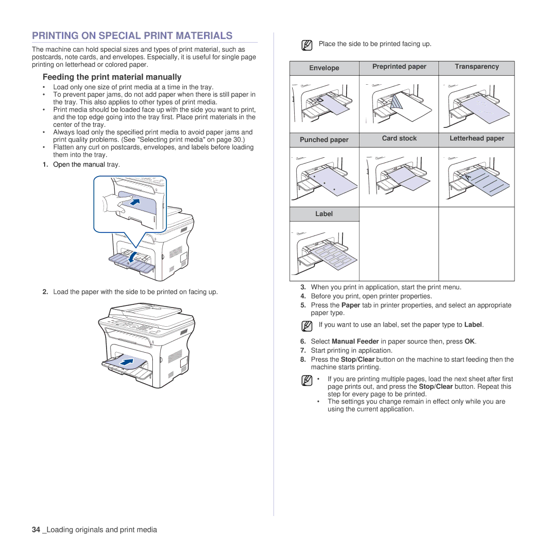 Samsung SCX-4x26 Printing on Special Print Materials, Feeding the print material manually, Punched paper Card stock, Label 