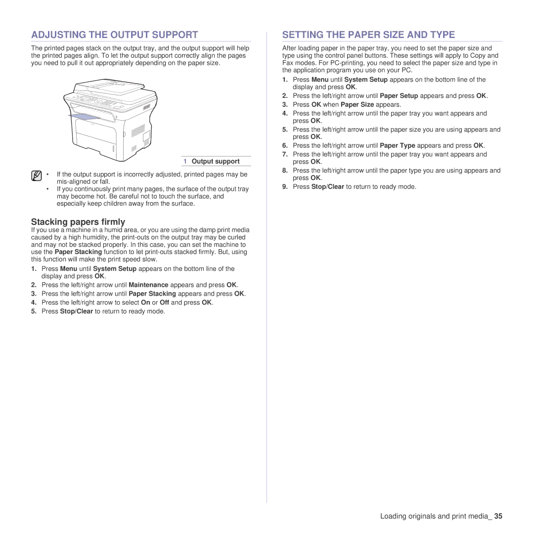 Samsung SCX-4x26 manual Adjusting the Output Support, Setting the Paper Size and Type, Stacking papers firmly 