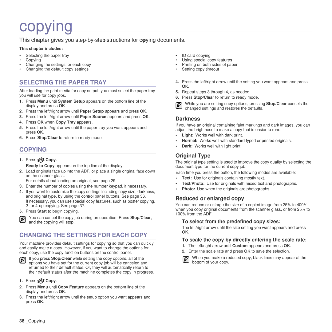 Samsung SCX-4x26 manual Copying, Selecting the Paper Tray, Changing the Settings for Each Copy 