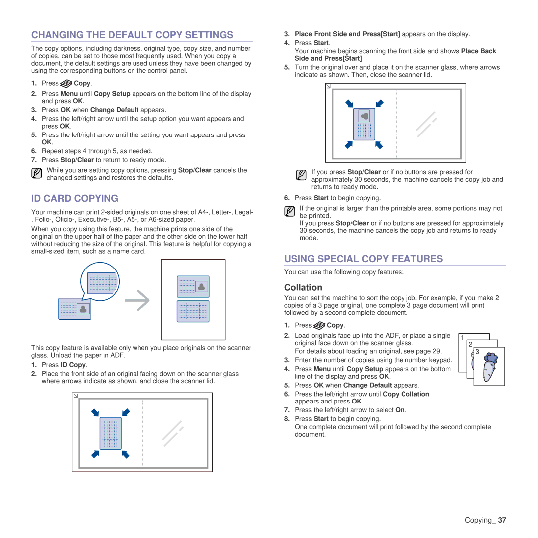 Samsung SCX-4x26 manual Changing the Default Copy Settings, ID Card Copying, Using Special Copy Features, Collation 