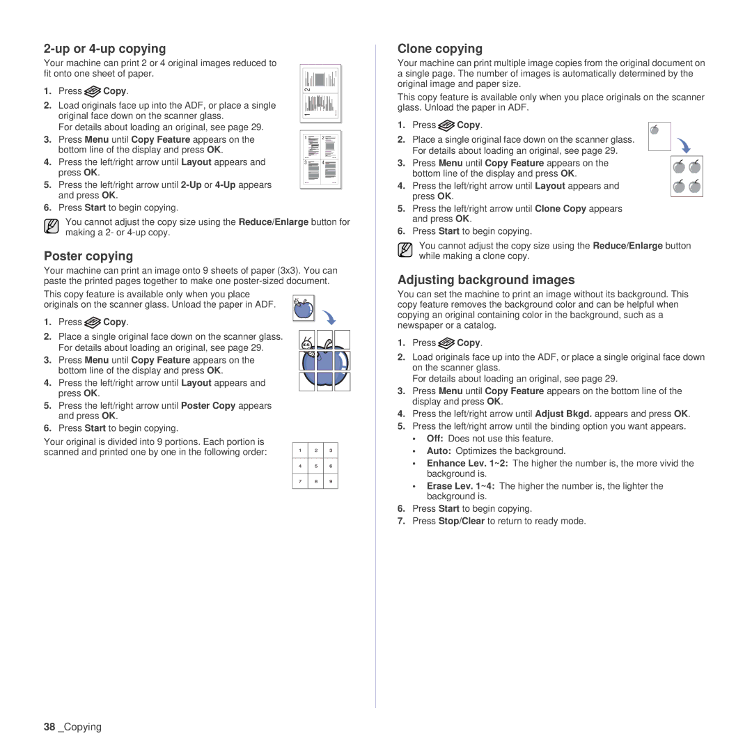 Samsung SCX-4x26 manual Up or 4-up copying, Poster copying, Clone copying, Adjusting background images, Press Copy 