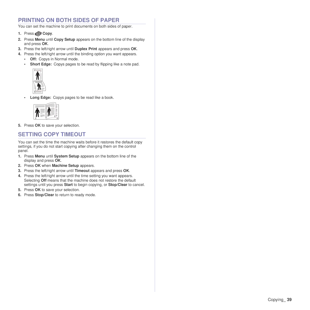 Samsung SCX-4x26 manual Printing on Both Sides of Paper, Setting Copy Timeout 