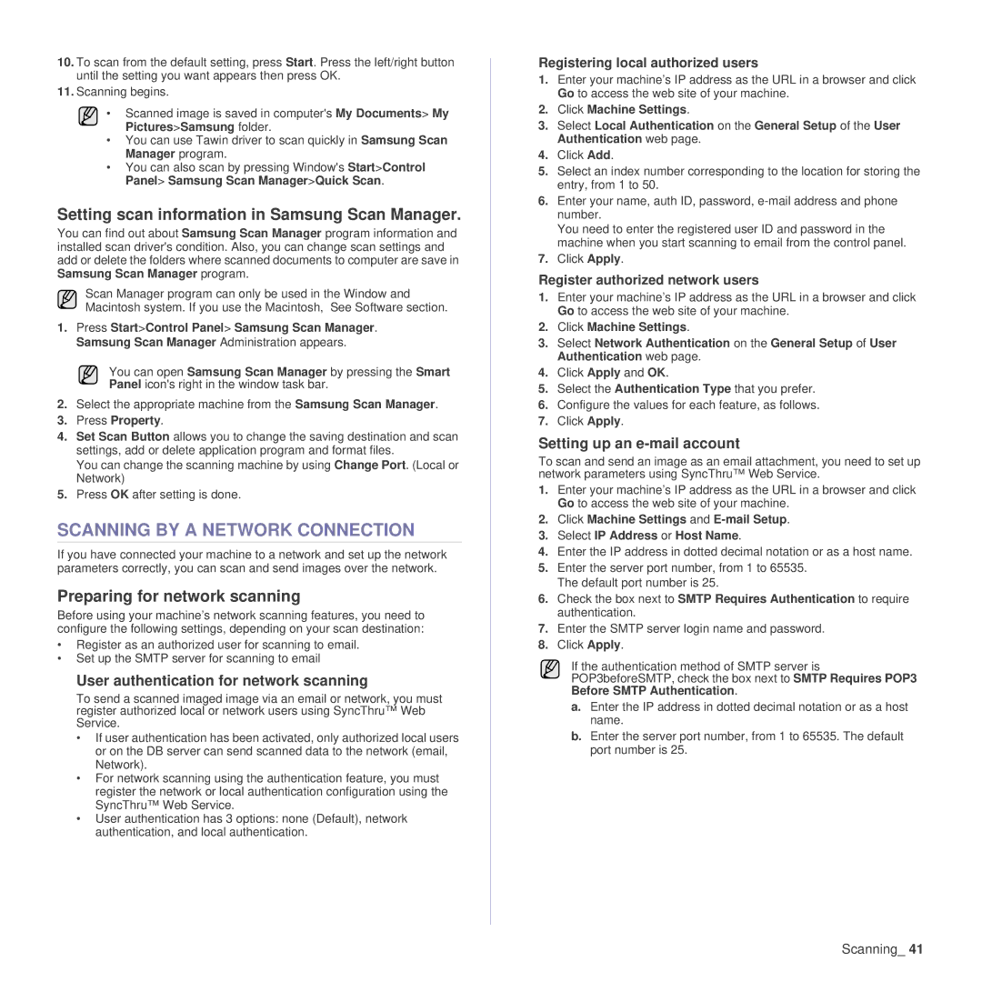 Samsung SCX-4x26 manual Scanning by a Network Connection, Setting scan information in Samsung Scan Manager 