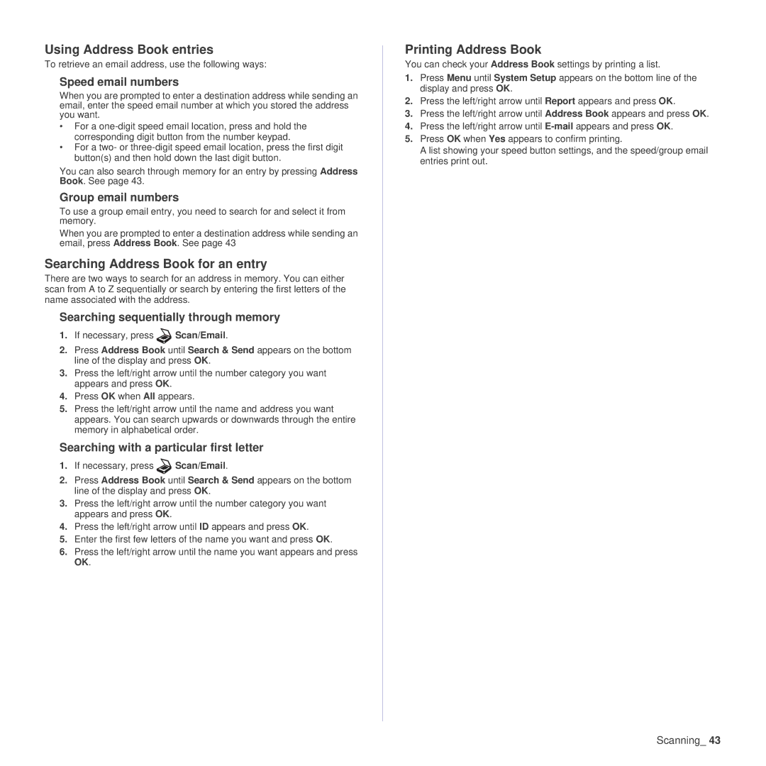 Samsung SCX-4x26 manual Using Address Book entries, Searching Address Book for an entry, Printing Address Book 