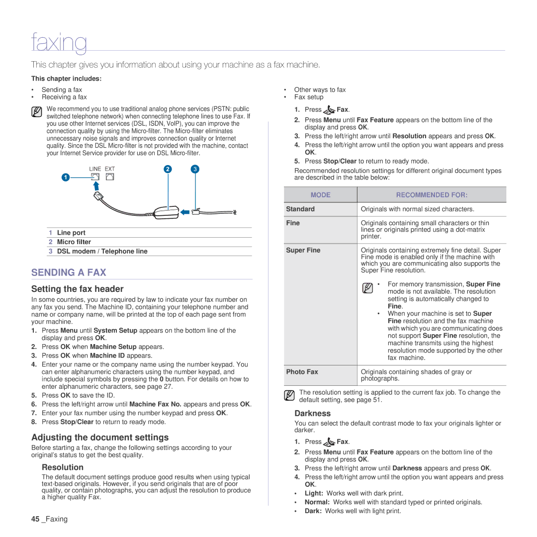 Samsung SCX-4x26 manual Faxing, Sending a FAX, Setting the fax header, Adjusting the document settings 