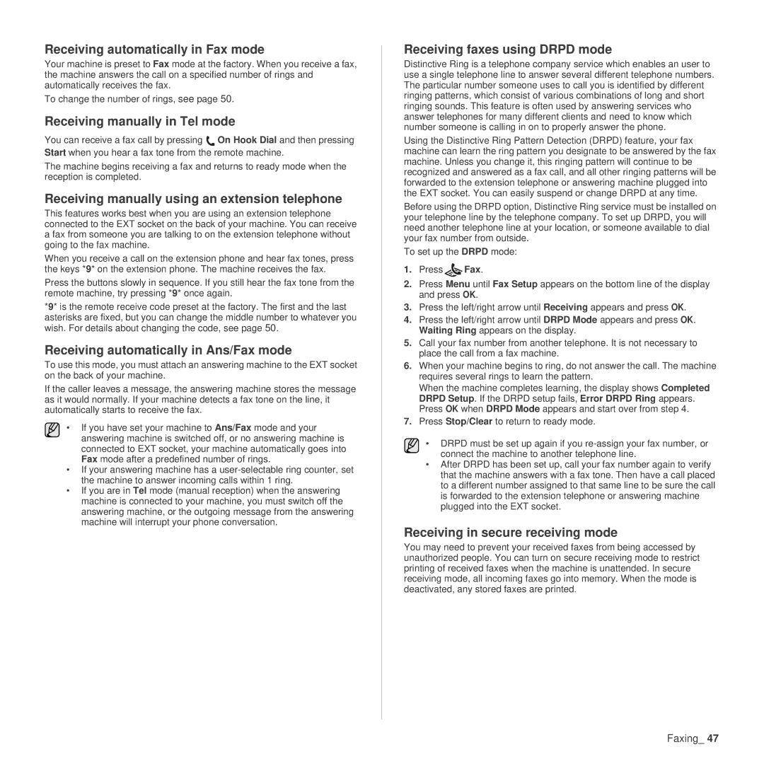 Samsung SCX-4x26 Receiving automatically in Fax mode, Receiving manually in Tel mode, Receiving faxes using Drpd mode 