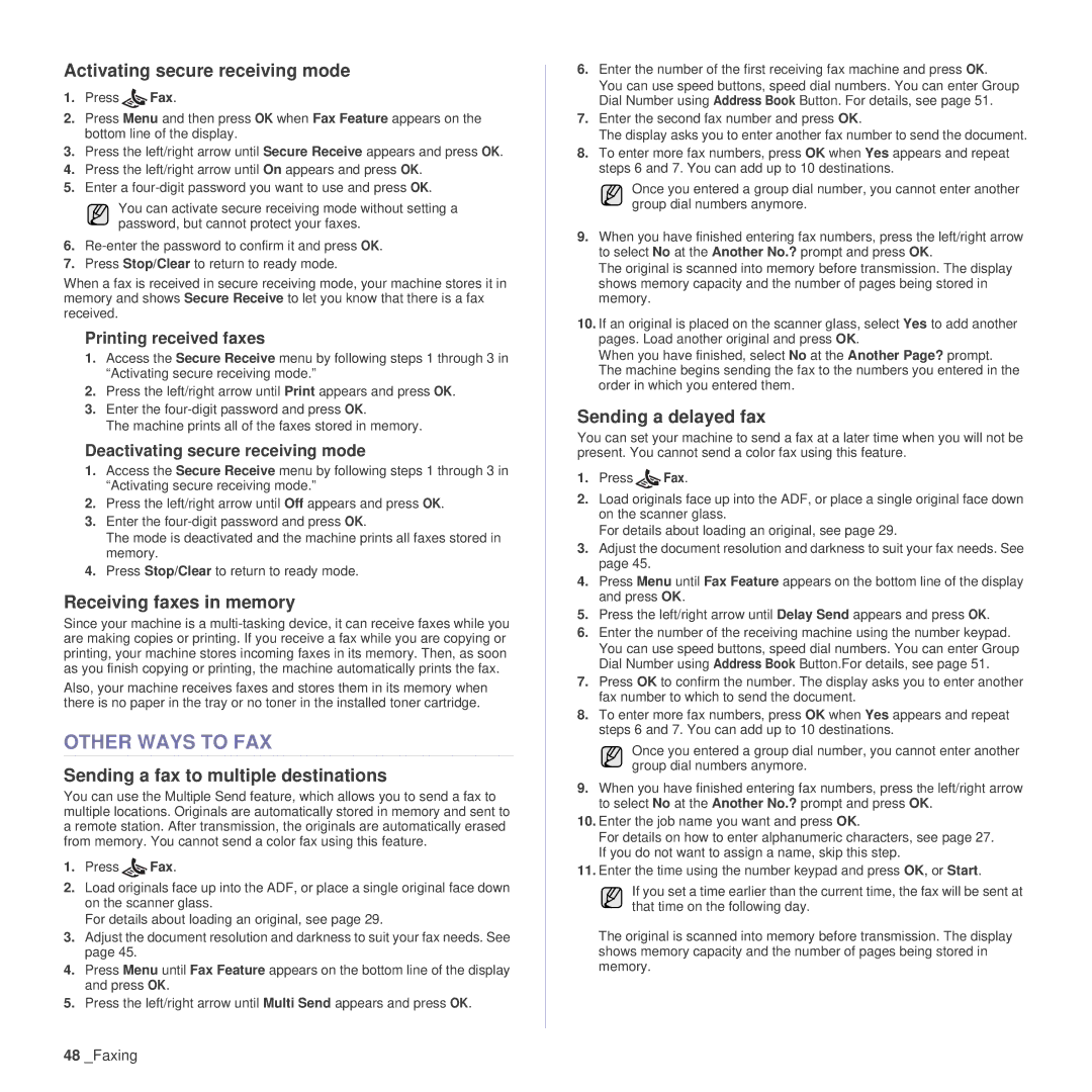 Samsung SCX-4x26 Other Ways to FAX, Activating secure receiving mode, Receiving faxes in memory, Sending a delayed fax 