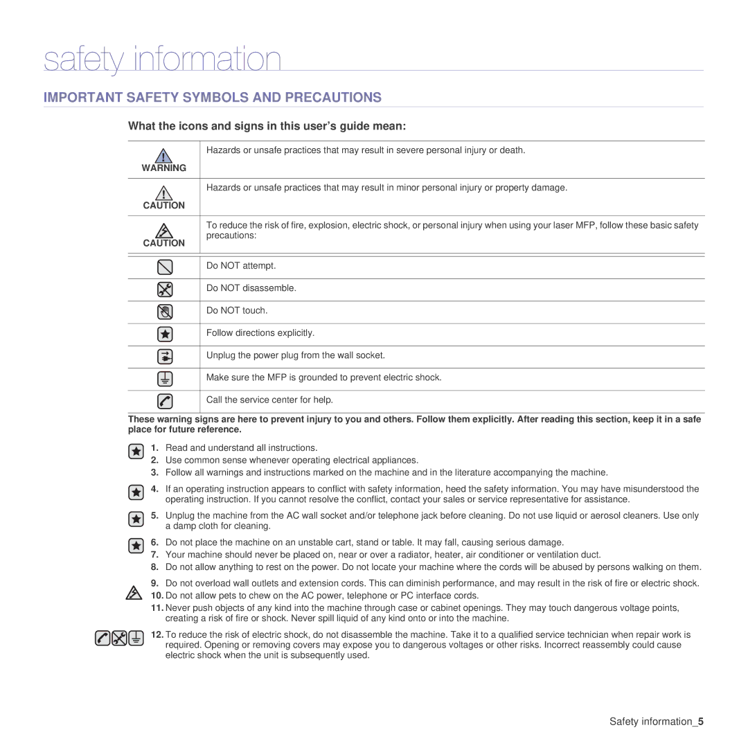 Samsung SCX-4x26 manual Safety information, Important Safety Symbols and Precautions 