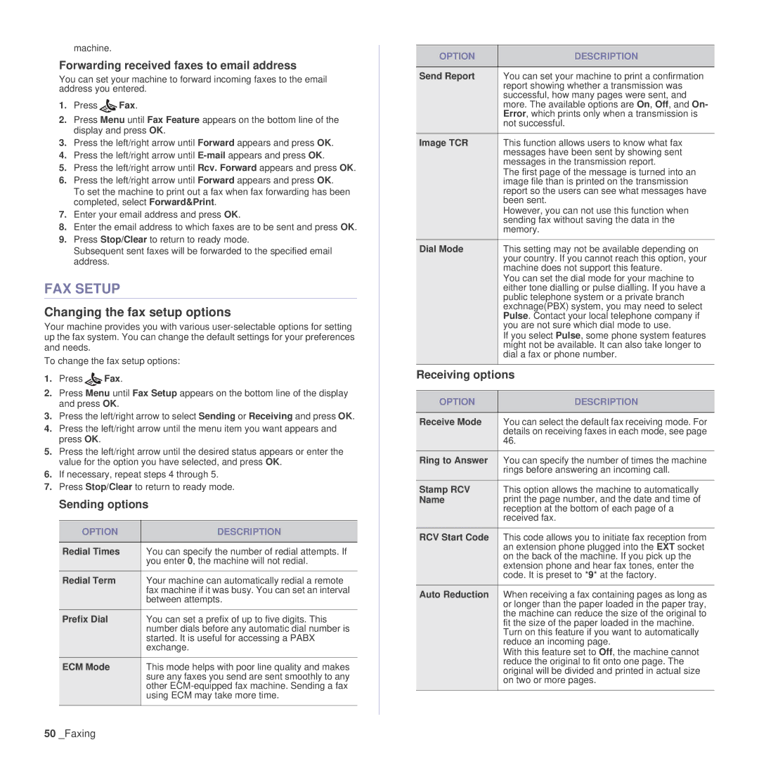 Samsung SCX-4x26 FAX Setup, Changing the fax setup options, Forwarding received faxes to email address, Sending options 