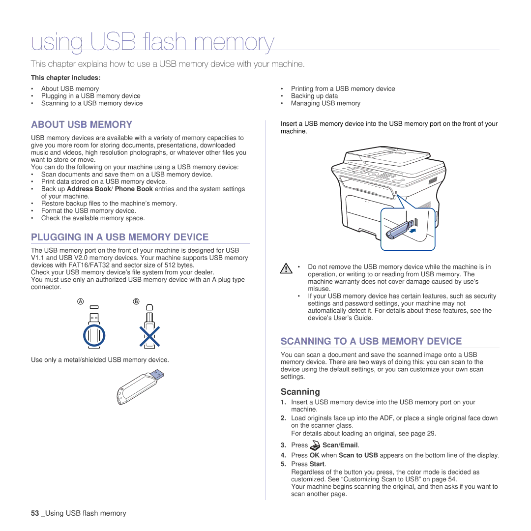 Samsung SCX-4x26 manual Using USB flash memory, About USB Memory, Plugging in a USB Memory Device, Scanning 