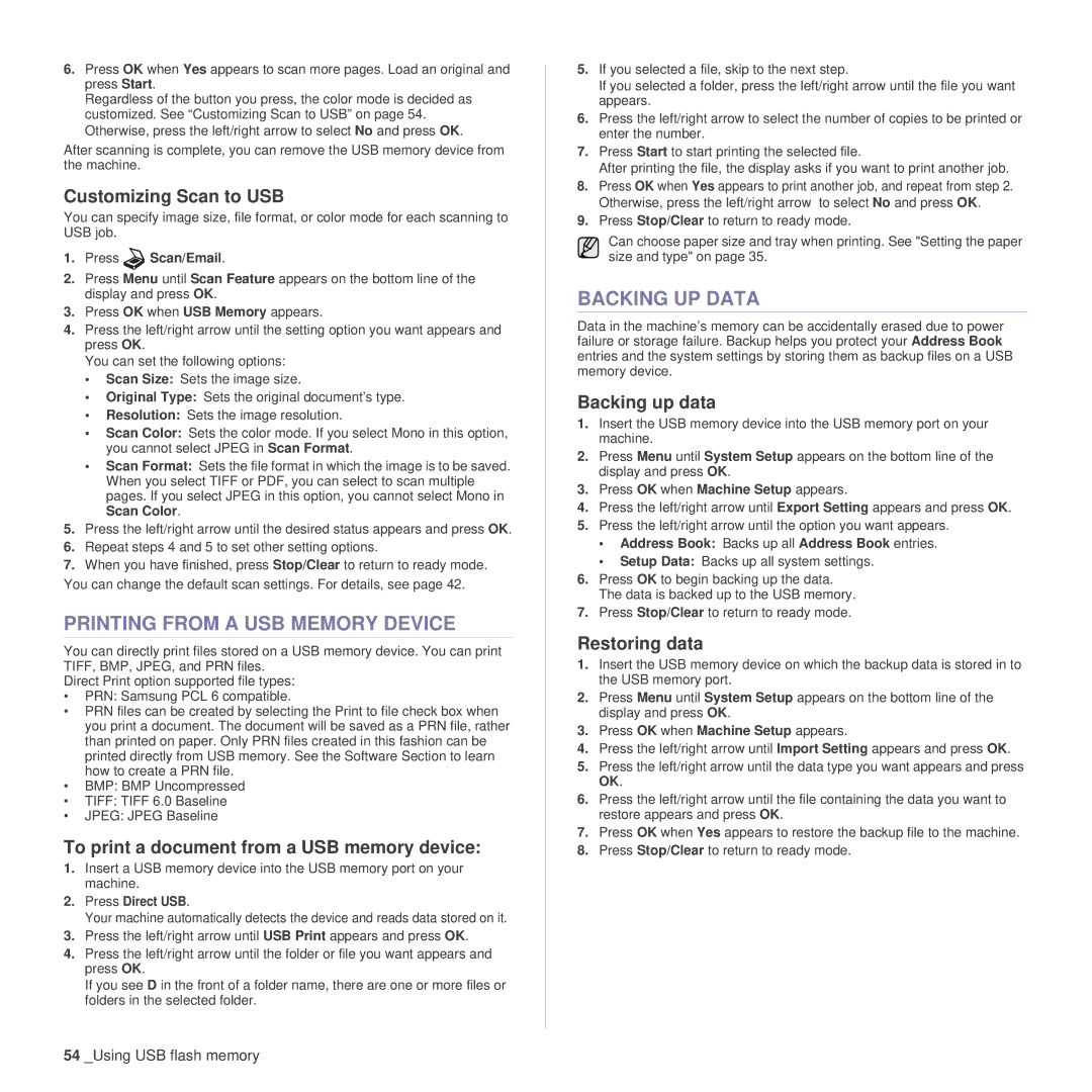 Samsung SCX-4x26 manual Printing from a USB Memory Device, Backing UP Data 