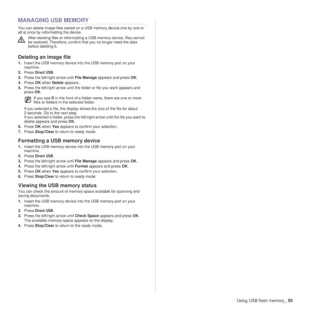 Samsung SCX-4x26 manual Managing USB Memory, Deleting an image file, Formatting a USB memory device 