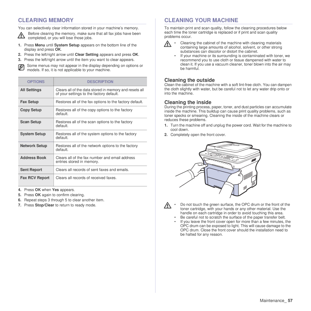 Samsung SCX-4x26 Clearing Memory, Cleaning Your Machine, Cleaning the outside, Cleaning the inside, Options Description 