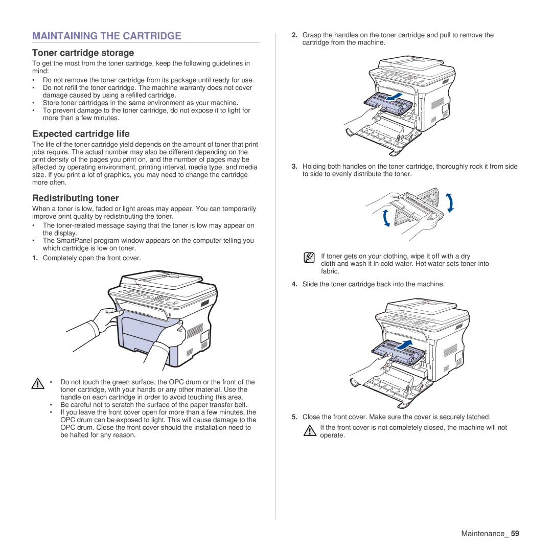 Samsung SCX-4x26 manual Maintaining the Cartridge, Toner cartridge storage, Expected cartridge life, Redistributing toner 