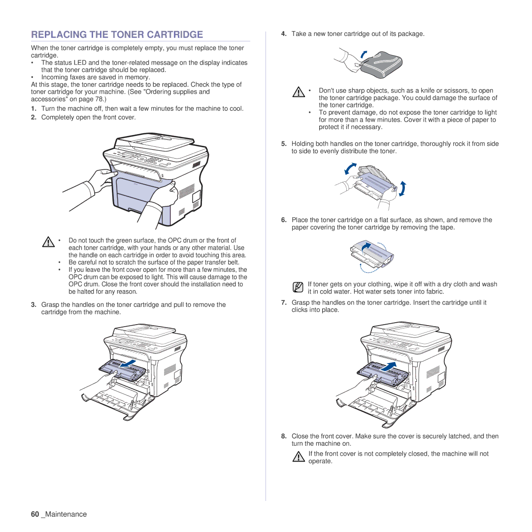 Samsung SCX-4x26 manual Replacing the Toner Cartridge 