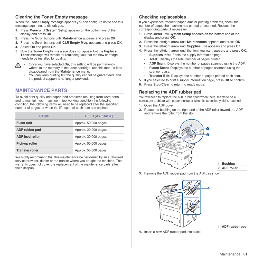 Samsung SCX-4x26 Maintenance Parts, Clearing the Toner Empty message, Checking replaceables, Replacing the ADF rubber pad 