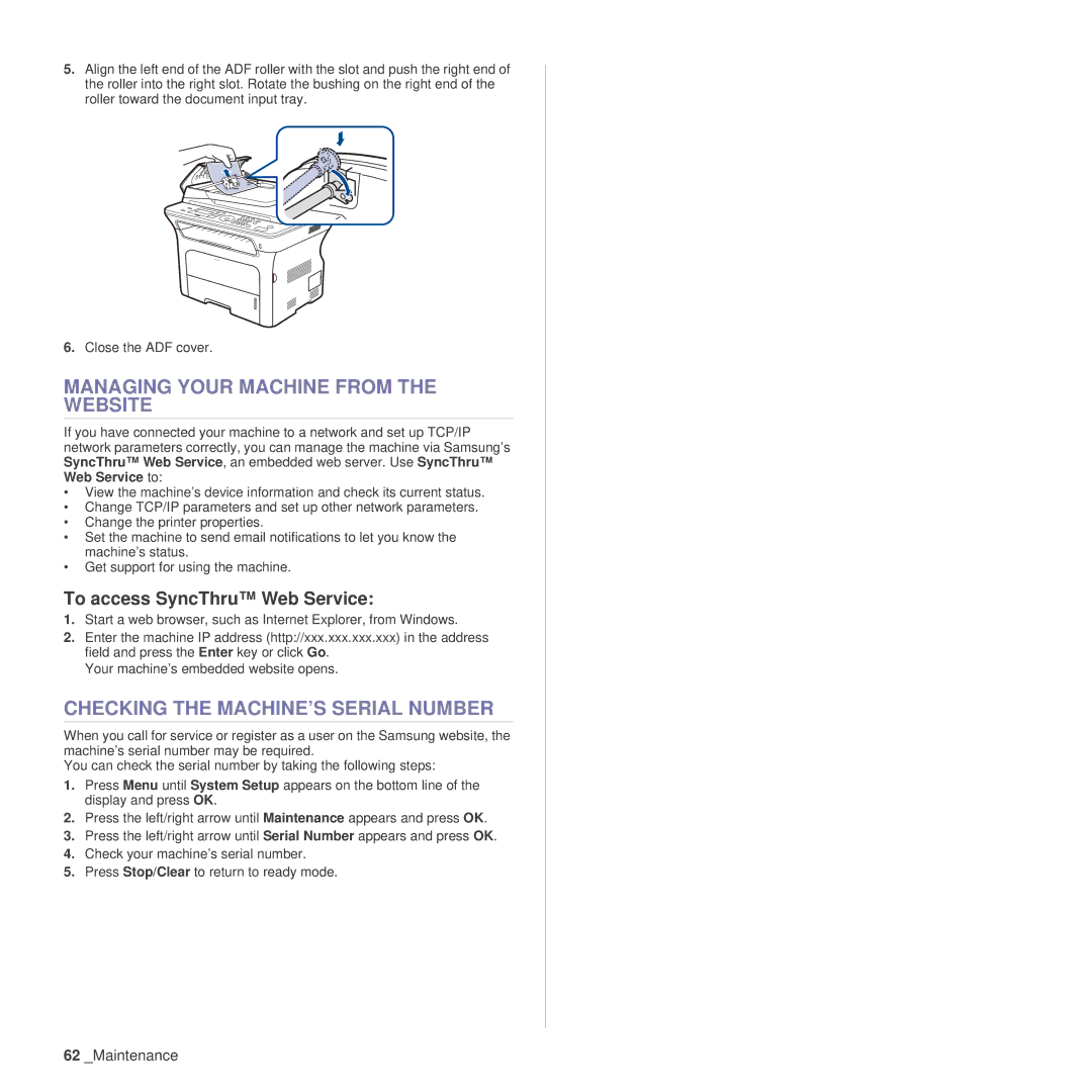 Samsung SCX-4x26 manual Managing Your Machine from the Website, Checking the MACHINE’S Serial Number 