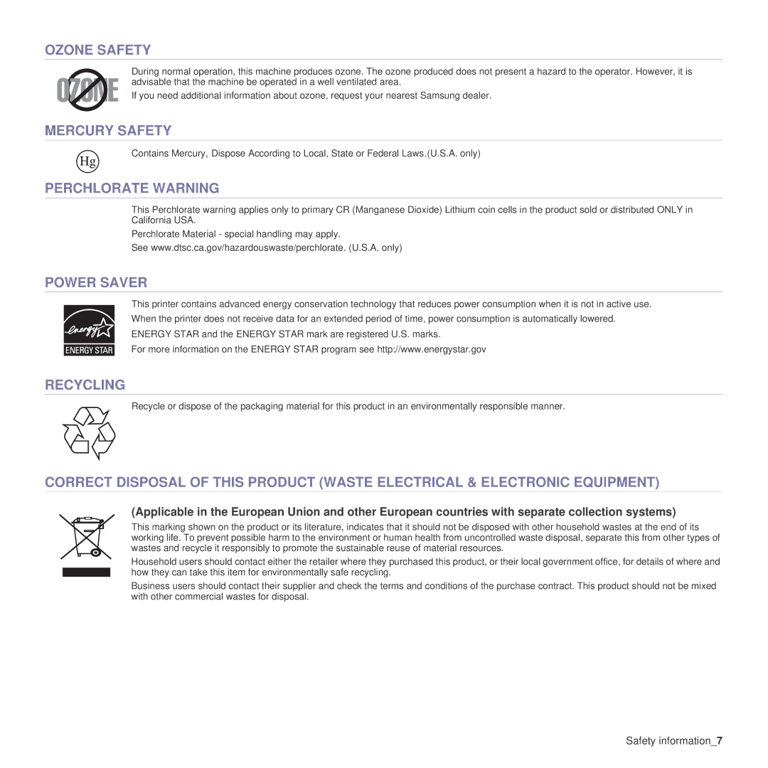 Samsung SCX-4x26 manual Ozone Safety, Mercury Safety, Perchlorate Warning, Power Saver, Recycling 